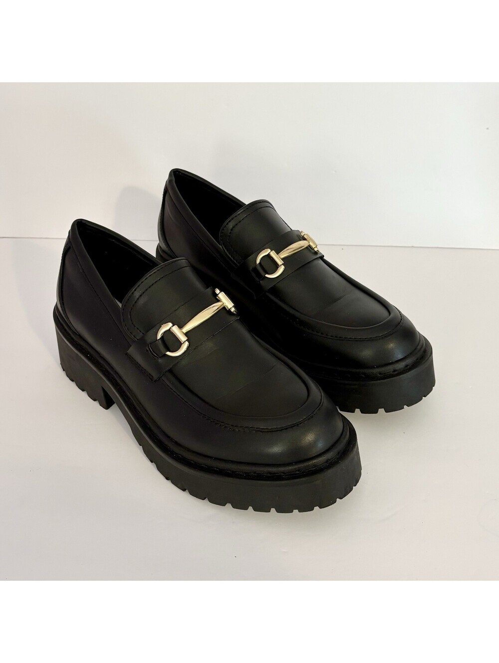 Steve Madden Women Black Lug-sole Platform Loafer Approach Heel Shoes US 11 New